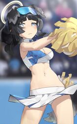  animal_ears ass_visible_through_thighs black_hair blue_archive blurry blurry_background breasts cleavage closed_mouth collared_shirt cowboy_shot crop_top dog_ears dog_girl dog_tail extra_ears female goggles goggles_on_head grey_eyes had_(had314) halo hibiki_(blue_archive) hibiki_(cheer_squad)_(blue_archive) highres holding holding_pom_poms looking_at_viewer medium_breasts midriff miniskirt navel open_mouth outstretched_arm panties pantyshot pom_pom_(cheerleading) ponytail raised_eyebrows shirt skirt sleeveless sleeveless_shirt solo standing sweat tail underwear upskirt white_panties yellow_halo 