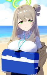  beach black_gloves blue_archive breast_rest breasts carried_breast_rest carrying closed_mouth cloud collared_shirt cooler day female fingerless_gloves gloves green_eyes had_(had314) hair_bun halo highres horizon jacket lanyard large_breasts light_brown_hair long_hair looking_at_viewer nonomi_(blue_archive) ocean off_shoulder outdoors shirt smile solo standing white_shirt 