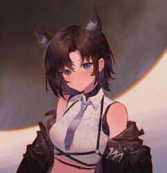  a-soul absurdres animal_ear_fluff animal_ears bare_shoulders black_hair black_jacket breasts carol_(a-soul) chest_harness collared_shirt crop_top female harness highres jacket looking_at_viewer medium_breasts midriff necktie off_shoulder open_clothes open_jacket painterly qingshu ribbed_shirt shirt short_hair sleeveless sleeveless_shirt smile solo undershirt upper_body virtual_youtuber white_shirt 