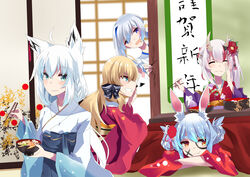  5girls absurdres akai_haato akai_haato_(new_year) amane_kanata amane_kanata_(new_year) animal_ear_fluff animal_ears bento blonde_hair blue_eyes blue_hair bowl braid chopsticks closed_eyes commentary_request drooling eating floral_print flower fox_ears fox_girl green_eyes grin hair_between_eyes hair_flower hair_ornament hand_on_own_cheek hand_on_own_face highres holding holding_bowl holding_chopsticks hololive horns housei_fenoru japanese_clothes kimono kotatsu long_hair looking_at_viewer lying multiple_girls nakiri_ayame nakiri_ayame_(new_year) new_year obi official_alternate_costume on_stomach open_mouth partial_commentary peeking_out pout rabbit_ears rabbit_girl red_eyes red_kimono sash scroll shirakami_fubuki shirakami_fubuki_(new_year) single_braid skin-covered_horns smile table twintails usada_pekora usada_pekora_(new_year) virtual_youtuber white_hair white_kimono 