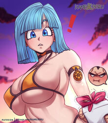  ! 1boy alternate_costume arm_strap artist_logo artist_name bikini blue_eyes blue_hair blunt_bangs blush breasts bulma_briefs choker cleavage cloud commentary dragon_ball english_commentary female gift kameseru large_breasts looking_at_viewer medallion outdoors patreon_username pink_ribbon pout pov ribbon short_hair skindentation solo_focus stomach string_bikini sunset swimsuit teeth thick_eyebrows trembling underboob upper_body vegeta watermark web_address yellow_bikini 