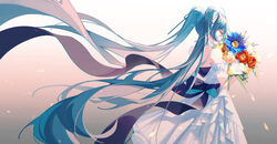  arm_cuffs ayan back_bow bare_shoulders beige_background black_bow black_ribbon blue_flower blue_hair bouquet bow bud choker closed_eyes clothing_cutout commentary confetti daisy dress english_commentary expressionless eyelashes female floating_hair flower from_behind gradient_background grey_background hair_between_eyes hair_over_mouth hair_ribbon hatsune_miku highres holding holding_bouquet layered_dress leaf light light_particles long_hair motion_blur pink_flower pink_rose pleated_dress profile red_flower ribbon rose sidelighting solo twintails upper_body very_long_hair vocaloid white_background white_choker white_dress white_flower wide_shot yellow_flower 