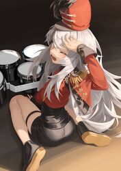  absurdres band_uniform black_footwear black_shorts black_skirt blush brown_eyes drum female floor g11_(chaotic_symphony)_(girls&#039;_frontline) g11_(girls&#039;_frontline) girls&#039;_frontline hand_in_own_hair hand_on_floor highres instrument jacket long_hair marching_band official_alternate_costume on_floor one_eye_closed open_mouth red_headwear red_jacket rui_(rei_leyi) shoes shorts skirt solo uniform white_hair 