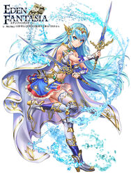  blue_eyes blue_hair blue_skirt breasts cleavage copyright_name detached_sleeves dual_wielding earrings eden_fantasia esphy fantasy female full_body hair_ornament highres holding holding_sword holding_weapon jewelry leg_armor long_hair mona_(eden_fantasia) navel official_art skirt solo standing standing_on_one_leg sword water watermark weapon 