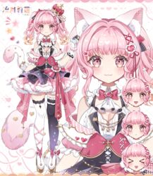  :3 animal_ears asymmetrical_legwear blunt_bangs blush bow bowtie breasts cat_ears cat_hair_ornament cleavage coco7 colored_tips commentary_request crown detached_collar female gloves hair_ornament highres indie_virtual_youtuber multicolored_hair official_art pink_eyes pink_hair red_bow red_bowtie rilo_(vtuber) skirt smile standing tachi-e thighhighs twintails virtual_youtuber white_gloves 