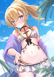  bikini bikini_skirt black_tears blonde_hair blue_sky blurry blush celestine_(letmebid) cloud commentary_request commission crossed_bangs day depth_of_field female floating_hair gau_(n00_shi) hair_between_eyes hand_on_own_hip highres leaf lens_flare looking_at_viewer nail_polish navel open_mouth original outdoors palm_tree parted_lips pixiv_commission ponytail purple_eyes purple_shawl shawl sky solo standing star-shaped_pupils star_(symbol) stomach swimsuit symbol-shaped_pupils thigh_gap tree white_bikini 