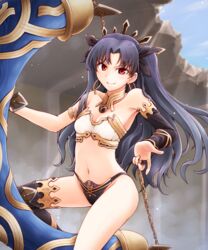  black_hair breasts commentary crown detached_sleeves earrings fate/grand_order fate_(series) female heavenly_boat_maanna hoop_earrings ishtar_(fate) jewelry long_hair long_legs looking_at_viewer meihemu midriff navel neck_ring parted_bangs red_eyes single_detached_sleeve single_sleeve single_thighhigh small_breasts smile solo thighhighs two_side_up 