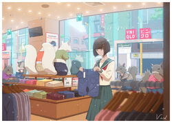  clothes_hanger commentary day female highres indoors original pants school_uniform serafuku shopping skirt squirrel standing television uniqlo unworn_pants vivid507 window 