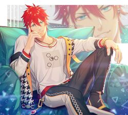  1boy amagi_rinne belt black_footwear black_pants blue_eyes bracelet couch earrings ensemble_stars! jewelry kuren long_sleeves looking_at_viewer male_focus multiple_rings necklace on_couch open_clothes open_vest pants red_hair ring shirt shoes short_hair sitting smile solo vest white_shirt 