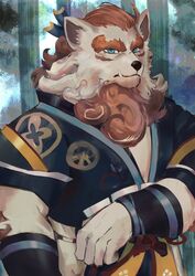  2020 5_fingers absurd_res armguards asian_clothing asian_mythology backjindo black_nose blue_eyes canid clothed clothing east_asian_mythology eyebrows facial_hair fingers foo_dog hair hi_res humanoid_hands japanese_mythology komainu male mammal mythology orange_eyebrows orange_hair sdorica solo tied_hair toyokuni yokai 