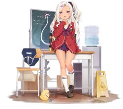  archerfish_(azur_lane) archerfish_(the_devil_next_door)_(azur_lane) azur_lane blonde_hair brown_footwear chalkboard desk fake_tail female finger_to_mouth hair_ornament hair_scrunchie highres kani_biimu long_hair looking_at_viewer manjuu_(azur_lane) official_alternate_costume official_art one_side_up open_mouth parted_bangs pleated_skirt purple_eyes school_swimsuit school_uniform scrunchie skirt socks star_(symbol) star_hair_ornament swimsuit tail transparent_background white_socks 