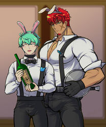  2boys alcohol animal_ears bara blue_hair blurry blurry_background blush bottle bulge collared_shirt facial_hair feet_out_of_frame gany_(gyee) gloves green_eyes gyee highres knife looking_at_viewer male_focus manly mature_male multiple_boys muscular muscular_male musso_(gyee) pants pectoral_cleavage pectorals plate rabbit_ears red_hair scar scar_on_face shirt short_hair spiked_hair stubble tan tb_kid0man tight_clothes weapon wine wine_bottle 