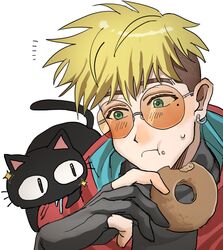  aojurujuru dessert domestic_cat doughnut duo eating eyewear felid feline felis food green_eyes hi_res human kuroneko_(trigun) male mammal mole_under_eye pastry simple_background sunglasses trigun trigun_stampede vash_the_stampede white_background 