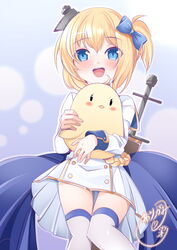  :d aiguillette animal animal_hug azur_lane bird blonde_hair blue_background blue_capelet blue_eyes blue_ribbon blush bow buttons capelet chick coat_dress commentary_request cowboy_shot dress female gold_trim hair_between_eyes hair_ornament hairbow highres hug knees_together_feet_apart little_renown_(azur_lane) long_sleeves looking_at_viewer manjuu_(azur_lane) one_side_up open_mouth origami_aya ribbon short_hair sidelocks signature smile solo_focus standing sword sword_behind_back teeth thighhighs upper_teeth_only weapon white_dress white_thighhighs zettai_ryouiki 