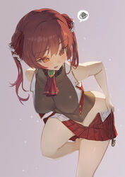  ascot bare_shoulders blush bow breasts covered_navel cropped_jacket female hair_ornament hairbow heterochromia hololive houshou_marine houshou_marine_(1st_costume) jacket large_breasts leg_up leotard long_hair mont_blanca navel open_clothes open_jacket orange_eyes pleated_skirt red_ascot red_eyes red_hair red_jacket red_skirt skirt sleeveless sleeveless_jacket solo twintails vest virtual_youtuber yellow_eyes 