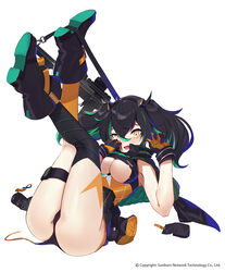  ass asymmetrical_legwear black_footwear black_gloves black_hair black_panties black_thighhighs boots breasts buckle capelet colored_shoe_soles company_name damaged defeat famae_saf female full_body girls&#039;_frontline gloves green_capelet green_hair gun hair_between_eyes half-closed_eye headgear highres kneehighs legs long_hair looking_at_viewer moai multicolored_hair official_art open_mouth orange_socks panties purple_capelet ranyu saf_(girls&#039;_frontline) scope shoe_soles single_kneehigh single_sock single_thighhigh sitting sleeveless snap-fit_buckle socks solo streaked_hair submachine_gun thigh_strap thighhighs torn_clothes twintails two-tone_capelet two-tone_hair underboob underwear uneven_legwear weapon white_background yellow_eyes 