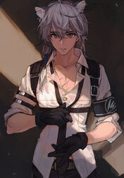  1boy absurdres animal_ears arknights armband black_gloves black_necktie chinese_commentary ciloranko commentary_request gloves grey_eyes grey_hair hair_between_eyes highres leopard_boy leopard_ears looking_at_viewer male_focus necktie parted_lips photoshop_(medium) shirt short_sleeves silverash_(arknights) silverash_(elite_ii)_(arknights) upper_body white_shirt 