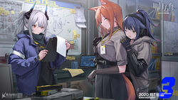  3girls animal_ears arknights binder black_gloves blacksteel_worldwide_(arknights) blue_hair blush brown_eyes brown_hair commentary copyright_name cup dragon_horns fox_ears fox_tail franka_(arknights) gloves grey_hair hair_between_eyes headphones highres holding horns jacket jessica_(arknights) korean_commentary liskarm_(arknights) long_hair mug multiple_girls one_eye_closed ponytail shirt smile tail upper_body watch watermark whiteboard wristwatch yellow_eyes yitiao_er-hua 