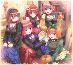  5girls :d black_dress black_gloves blue_bow blue_dress blue_eyes bow bow_hairband brown_hair closed_mouth couch dress eyebrows_hidden_by_hair flower gloves go-toubun_no_hanayome green_bow green_dress green_headband hair_between_eyes hair_flower hair_ornament hairband hairbow halloween halloween_bucket head_rest headband highres indoors layered_dress long_hair long_sleeves multiple_girls nakano_ichika nakano_itsuki nakano_miku nakano_nino nakano_yotsuba open_mouth orange_hair pink_bow pink_hair purple_bow purple_dress quintuplets red_dress red_flower red_hair siblings sisters sitting sleeveless sleeveless_dress smile studio_viga two-tone_dress white_flower 