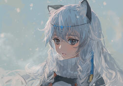  animal_ear_fluff animal_ears arknights bead_necklace beads braid breath chinese_commentary ciloranko circlet commentary_request female grey_eyes hair_between_eyes head_chain highres jewelry leopard_ears lips long_hair looking_at_viewer necklace outdoors parted_lips photoshop_(medium) portrait pramanix_(arknights) ribbed_sweater side_braids snowing solo sweater turtleneck turtleneck_sweater twin_braids white_hair white_sweater 