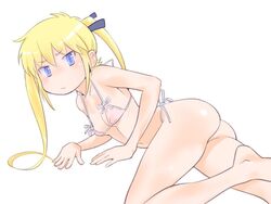  afunai ass bikini blonde_hair blue_eyes commentary_request female from_side kill_me_baby lying micro_bikini navel on_side pink_bikini side-tie_bikini_bottom solo sonya_(kill_me_baby) swimsuit twintails 