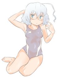  afunai ahoge breasts commentary_request competition_swimsuit female full_body glasses grey_eyes kagaku_chop medium_hair one-piece_swimsuit sitting small_breasts solo suzuzono_sai swimsuit white_hair yokozuwari 