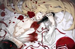  1boy :d ahoge alcohol artist_name bed_sheet black_nails blonde_hair bottle cake center_opening collarbone commentary confetti ear_piercing fangs fingernails flower food grey_eyes hair_spread_out hand_up heterochromia holding holding_bottle hugo_vlad jewelry long_fingernails long_hair long_sleeves looking_at_viewer lying maka_(mksrw) male_focus mole mole_under_eye multiple_rings nail_polish on_back open_mouth parted_bangs pectoral_cleavage pectorals petals piercing pointy_ears red_eyes red_flower red_rose red_wine ring rose rose_petals shirt sidelocks signature smile solo stain stained_clothes streamers symbol-only_commentary teeth tray twitter_username upper_teeth_only very_long_hair white_shirt wine wine_bottle zenless_zone_zero 