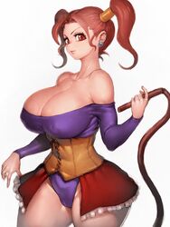  big_breasts brown_eyes brown_hair cleavage clothing corset dragon_quest dragon_quest_viii dress earrings female fumio_(rsqkr) jessica_albert large_breasts looking_at_viewer orange_eyes orange_hair solo square_enix thick_thighs visible_nipples whip wide_hips 