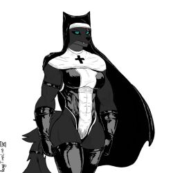  a_man_in_a_beasts_world anthro black_sclera blue_eyes bodily_fluids canid canine canis clothing facial_scar female female/female female_anthro fur lara_shepard_(ghilliecamo) looking_at_viewer mammal muscular muscular_anthro muscular_female nun nun_outfit remytimelive scar simple_background solo tail wolf 