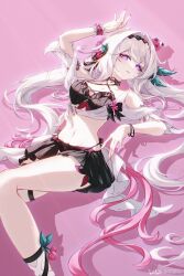  absurdres arm_up bare_shoulders bikini black_bikini black_skirt breasts chromatic_aberration closed_mouth female fingernails hair_intakes hair_ornament hair_spread_out highres honkai_(series) honkai_impact_3rd long_hair looking_at_viewer lying medium_breasts missing_commentary navel official_alternate_costume on_back pink_background purple_eyes rika_mayuzumi skirt solo stomach swimsuit thelema_nutriscu thelema_nutriscu_(roseate_summer) thigh_strap thighs very_long_hair white_hair 