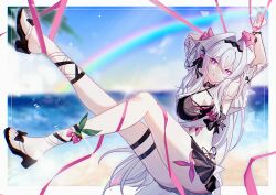  absurdres bikini black_bikini blue_archive blurry blurry_background border bound bound_wrists breasts chinese_commentary commentary_request female hair_intakes highres honkai_(series) honkai_impact_3rd long_hair medium_breasts msyg2258 ocean outdoors purple_eyes rainbow restrained sandals smile solo swimsuit thelema_nutriscu thelema_nutriscu_(roseate_summer) thigh_strap thighs toes very_long_hair white_border white_hair 