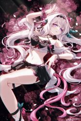  absurdres arm_up bare_shoulders bikini black_bikini black_skirt breasts chromatic_aberration closed_mouth dark_background female fingernails hair_intakes hair_ornament hair_spread_out highres honkai_(series) honkai_impact_3rd long_hair looking_at_viewer lying medium_breasts missing_commentary navel official_alternate_costume on_back purple_eyes rika_mayuzumi skirt solo stomach swimsuit thelema_nutriscu thelema_nutriscu_(roseate_summer) thigh_strap thighs very_long_hair white_hair 