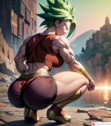  1girls 4k absurdres ai_generated biceps bracelet cmtilins dragon_ball dragon_ball_super earrings female female_only green_hair highres kale kale_(berserker) large_ass medium_breasts muscular_back muscular_female muscular_thighs solo thick_thighs tight_clothing topwear white_eyes 