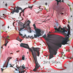  1boy :o arm_up arukanu backless_dress backless_outfit bare_shoulders bat_(animal) biting black_boots black_cape black_dress black_ribbon blood blood_vial boots bow buttons cape character_name collar commentary_request detached_collar detached_sleeves diamond_hair_ornament dotted_line double-breasted double-parted_bangs dress elbow_on_another&#039;s_head fangs female floating_hair flower food frilled_dress frilled_sleeves frills from_side fruit full_body grey_background halterneck hand_on_another&#039;s_head hand_up highres holding holding_food holding_fruit holding_vial hyakuya_mikaela ichitata knee_up krul_tepes leaf long_hair long_sleeves looking_ahead looking_at_viewer multiple_views open_mouth out_of_frame owari_no_seraph petals pink_hair pixiv_username pointy_ears portrait red_bow red_cape red_eyes red_flower red_petals red_ribbon red_rose ribbon rose rose_petals sidelocks sitting_on_throne smile sparkle standing throne two-tone_cape two_side_up vampire vial white_collar wide_sleeves 