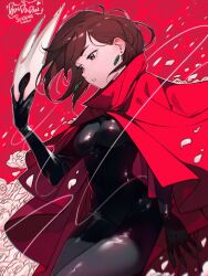  ayase_momo bodystocking breasts brown_eyes brown_hair cesar_art456 cloak commentary_request copyright_name cosplay cowboy_shot dandadan earrings falling_petals female floating_hair flower highres holding holding_mask hollow_knight hollow_knight:_silksong horned_mask hornet_(hollow_knight) hornet_(hollow_knight)_(cosplay) jewelry light_blush looking_down mask medium_breasts parted_lips petals red_background red_cloak rose rose_petals short_hair solo spanish_commentary standing white_flower white_rose wire 