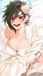  black_hair breasts bride cleavage commentary_request dress earrings falling_petals female final_fantasy final_fantasy_xiv flower garter_straps gloves hair_flower hair_ornament highres hyur jewelry large_breasts looking_at_viewer open_mouth outstretched_arm petals pink_flower pink_rose reaching reaching_towards_viewer red_eyes ring rose rose_petals shishamo_712 short_hair smile solo thighhighs warrior_of_light_(ff14) wedding_ring white_dress white_gloves 