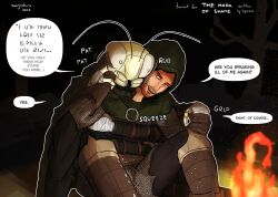  2025 3_fingers 4_arms absurd_res animal_humanoid antennae_(anatomy) armor arms_around_partner arthropod arthropod_humanoid beard boots campfire chainmail cloak clothed clothing dialogue digital_media_(artwork) duo exoskeleton eye_contact facial_hair female fingers fire footwear forest forest_background fully_clothed gloves green_cloak green_clothing hair hand_holding hand_wraps handwear hi_res hooded_cloak hug hugging_another hugging_from_behind human humanoid insect_humanoid insects looking_at_another looking_at_partner male male/female mammal mandibles multi_arm multi_limb nature nature_background night onomatopoeia orange_hair patting plant shoes sitting sitting_together smile sound_effects speech_bubble text tree warjenkins wraps yellow_body 