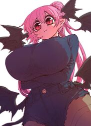  :i bat_wings black_wings breasts commentary_request crossed_arms female from_below head_wings highres huge_breasts light_blush long_hair looking_at_viewer low_wings multiple_wings pink_hair pointy_ears ponytail pout shorts slit_pupils solo sumire_(yakunitatsu_node_chi_o_kudasai) thighhighs vampire white_background wings yakunitatsu_node_chi_o_kudasai zyugoya 