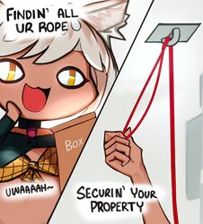  :3 :d animal_ear_fluff animal_ears commentary ehrrr english_commentary english_text female fox_ears highres meme open_mouth orange_eyes original parody red_rope rope self_bondage smile sneaky_fox_(meme) tan 