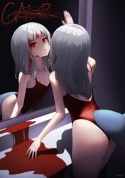  :o absurdres alternate_eye_color ass bangs bare_shoulders blunt_bangs breasts cleavage competition_swimsuit cowboy_shot female gawr_gura glass_writing grey_hair highres hololive indoors leaning_forward long_hair looking_at_viewer multicolored_hair one-piece_swimsuit parted_lips red_eyes red_hair red_one-piece_swimsuit reflection signature small_breasts solo streaked_hair swimsuit tail tail_through_clothes tfqr two_side_up 