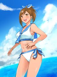  bikini blue_sky breasts brown_hair cleavage collarbone female hyodo_rena idolmaster idolmaster_cinderella_girls kapuchirio navel ocean piercing ponytail ribbon sailor_bikini sailor_collar sailor_swimsuit_(idolmaster) sky smile solo swimsuit 