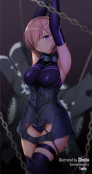  armored_leotard armpits arms_up artist_name bare_shoulders black_gloves black_leotard black_thighhighs blurry blush bondage bondage bound bound_arms breasts chained chains closed_mouth commentary commission cowboy_shot depth_of_field elbow_gloves english_commentary fate/grand_order fate_(series) female frown gloves groin hair_over_one_eye highres impossible_clothes impossible_leotard large_breasts leotard looking_at_viewer lord_camelot_(fate) mash_kyrielight pink_hair purple_eyes sheita shield short_hair solo thigh_strap thighhighs 