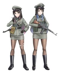  2girls absurdres assault_rifle black_footwear black_gloves black_hair black_legwear blue_eyes blue_hair boots breast_pocket cigarette epaulettes gloves gradient_hair green_headwear green_jacket green_skirt gun hat highres holding holding_cigarette holding_gun holding_weapon jacket long_hair long_sleeves magazine_(weapon) military military_uniform miniskirt mp40 multicolored_hair multiple_girls nazi original pantyhose peaked_cap pencil_skirt pocket purple_hair rifle skirt ss_insignia ss_uniform standing stg44 submachine_gun swastika totenkopf unicron_(brous) uniform waffen-ss weapon world_war_ii 