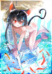  absurdres all_fours animal_ear_fluff animal_ears anklet bandaid bandaid_on_leg beach_chair bikini black_hair blue_hair blurry blurry_background blush bottle bracelet breasts cat_ears cat_tail collarbone colored_inner_hair commentary_request feet female fish flip-flops full_body hair_between_eyes hair_ornament hat highres jewelry koi legs long_hair mole multicolored_hair open_mouth original red_eyes sakusa_nn sandals shiny_skin side-tie_bikini_bottom small_breasts solo strap_slip straw_hat striped_bikini striped_clothes swimsuit tail thighs toes water whistle whistle_around_neck 