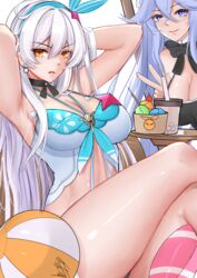  2girls :d absurdres armpits ball beachball bella_(honkai_impact) black_bow black_bowtie black_leotard blue_eyes blue_hair bow bowtie breasts cleavage dress headgear highres honkai_(series) honkai_impact_3rd kiana_kaslana kiana_kaslana_(herrscher_of_the_void) leotard long_hair looking_at_viewer multiple_girls noise_paper open_mouth sleeveless sleeveless_dress smile starfish_hair_ornament sundress white_hair yellow_eyes 