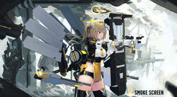  1other absurdres black_jacket black_legwear black_shorts blonde_hair breasts cowboy_shot crop_top cropped_jacket female gun hair_intakes headgear heterochromia highres holding hood hood_down hooded_jacket jacket large_breasts long_hair looking_away machinery mecha_musume mechanical_wings micro_shorts midriff natori_youkai one_side_up open_clothes open_jacket original photoshop_(medium) purple_eyes shield shirt shorts solo_focus standing thighhighs thighs underbust weapon white_shirt wings yellow_eyes 