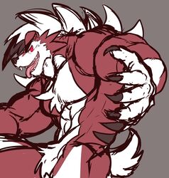  anthro canid canine claws fur generation_7_pokemon glowing glowing_eyes hi_res istani lycanroc male mammal midnight_lycanroc muscular muscular_anthro muscular_male nintendo nude open_mouth pecs pokemon pokemon_(species) red_body red_eyes red_fur sharp_teeth simple_background solo teeth tongue tongue_out white_body white_fur 