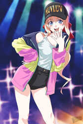  artist_name baseball_cap black_hat black_shorts blue_eyes blush bow breasts cosplay female green_jacket hairbow hat highres ilfriede_von_feulner jacket leaning_to_the_side long_hair looking_at_viewer medium_breasts multicolored_clothes multicolored_jacket muv-luv muv-luv_alternative open_hand open_mouth paripi_koumei pink_jacket popgun_(22882502) red_bow shorts smile solo sparkle tank_top the_euro_front tsukimi_eiko tsukimi_eiko_(cosplay) white_tank_top 