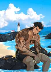  1boy absurdres bara beard bird_tattoo black_hair blue_sky blurry blurry_background chains cloud crab day deny_hanamura earrings english_commentary facial_hair final_fantasy final_fantasy_xv gladiolus_amicitia highres jewelry lighthouse looking_at_viewer male_focus male_swimwear medium_hair moustache muscular muscular_male necklace nipples on_rock outdoors pectorals rock sitting sky soaking_feet solo stubble swim_trunks tattoo topless_male water 