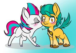  2023 blush blush_lines chibi closed_eyes cutie_mark digital_drawing_(artwork) digital_media_(artwork) duo earth_pony equid equine female feral folded_wings fur gradient_background green_hair green_tail hair hasbro hi_res hitch_trailblazer_(mlp) hooves horse kissing kissing_cheek kissing_sound_effect male male/female mammal mlp_g5 multicolored_hair my_little_pony mythological_creature mythological_equine mythology pegasus pink_hair pony quadruped raised_hoof raised_tail sash shinkaku simple_background standing surprise tail two_tone_hair two_tone_tail white_body white_fur wings yellow_body yellow_fur zipp_storm_(mlp) 